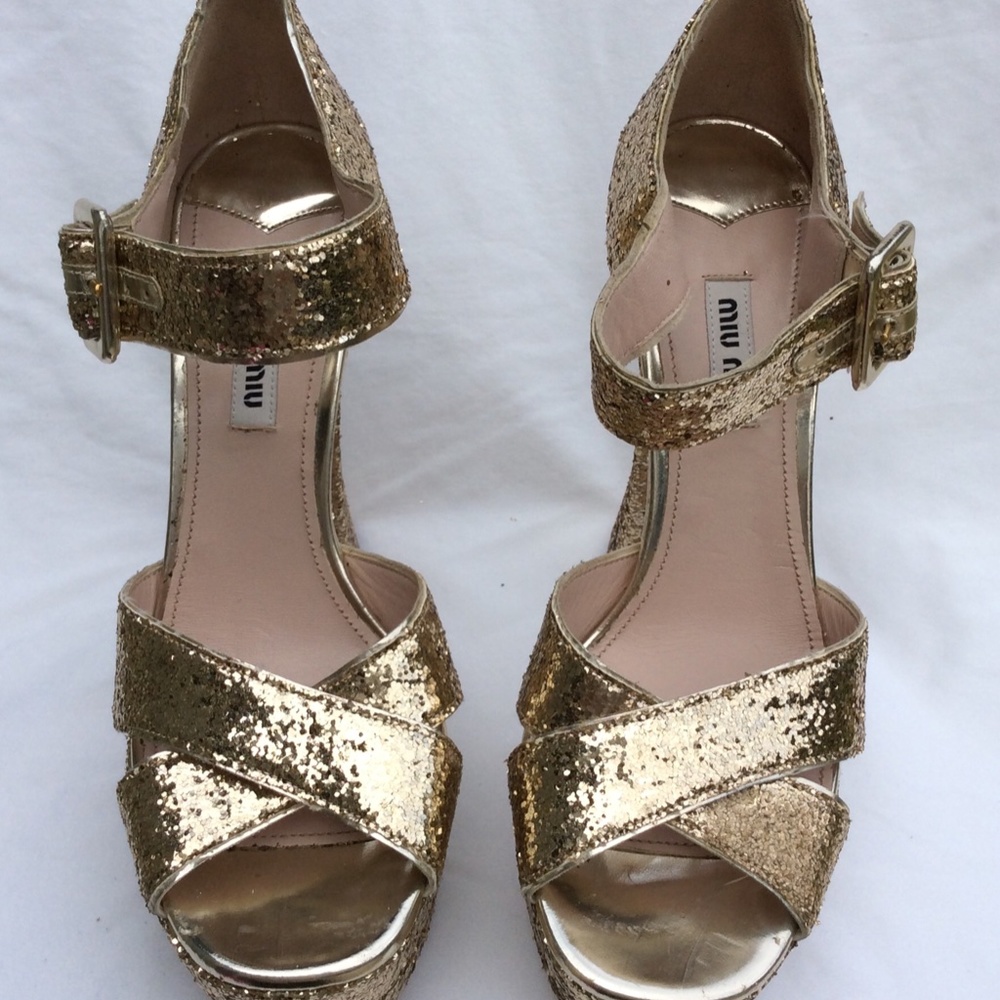 Miu Miu Glitter Crisscross Mary Jane Sandal, Gold - Picture 6 of 7